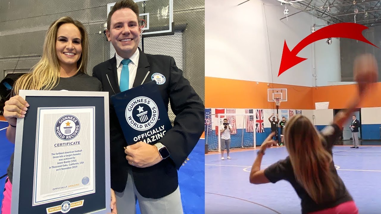 The farthest American football throw into a target by a female